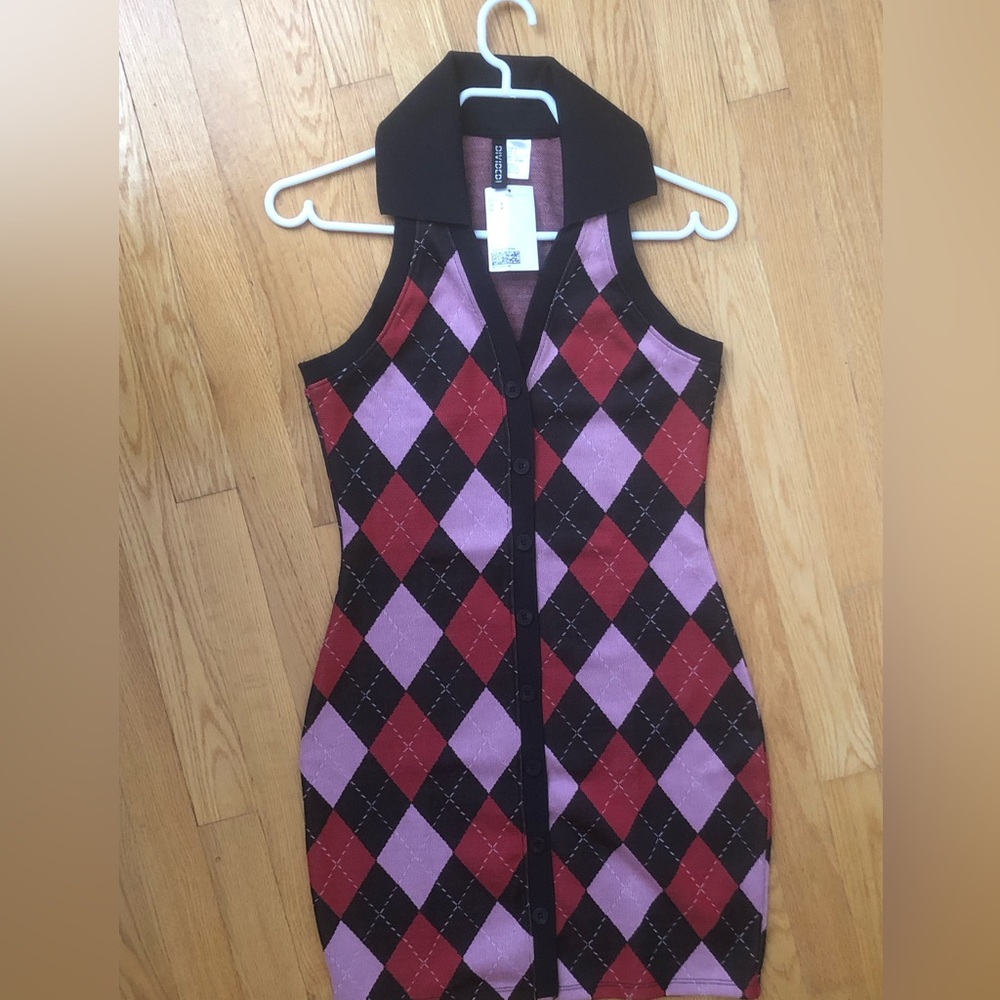 H&M Divided Argyle Sweeter Dress Sleevless Collared Button Front Small NWT